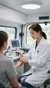 Gastroenterologist Taking Patient Vital Signs In A Mobile Health Clinic Van
