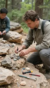 Geologist Examining Rock Formations In In A Geological Field Study Site At