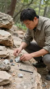 Geologist Examining Rock Formations In In A Geological Field Study Site At Work