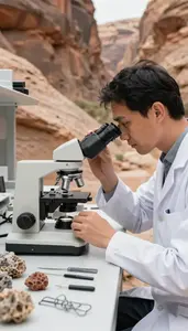 Geologist Examining Rock Formations In In A Petrology Microscopy Lab At Work