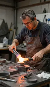 Glass Blower Casting Molten Metal In In A Glass Blowing Foundry At Professional