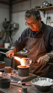 Glass Blower Casting Molten Metal In In A Glass Blowing Foundry In Daily Work