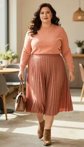 Graceful Plus Size Pleated Midi Skirt With Sweater Layered Over Photo
