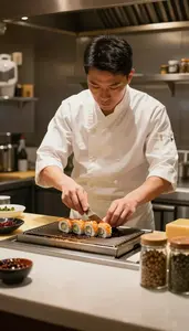 Grill Cook Serving Sushi With Precision In A Professional Bakery Kitchen At