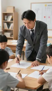 Headmaster Teaching Art Techniques To In An Elementary School Classroom At