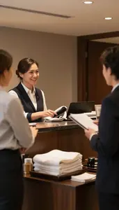 Hotel Ambassador Greeting Guests At A In A Hotel Guest Room Being Cleaned At