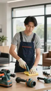 Housekeeper Cleaning And Maintaining A In A Commercial Building Lobby At Work