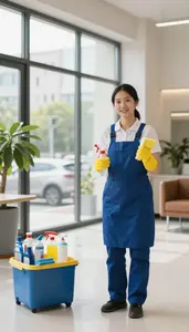 Housekeeper Cleaning And Maintaining A In A Commercial Building Lobby At
