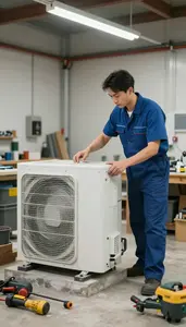 Hvac Technician Installing A New Hvac In A Workshop Garage In Professional