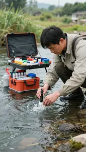 Hydrologist Measuring River Flow Rates In A Field Water Testing Station At Work