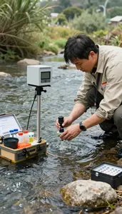 Hydrologist Measuring River Flow Rates At A Hydrological Monitoring Station