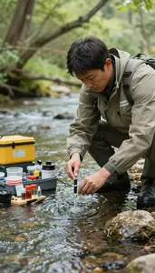 Hydrologist Sampling Water From A At A River Or Stream Sampling Site In Daily