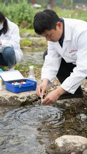 Hydrologist Sampling Water From A In A Field Water Testing Station In