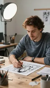 Illustrator Drawing Comics In A In A Digital Art Creation Studio In Professional