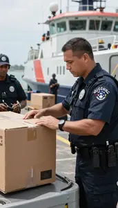 Immigration Officer Inspecting Cargo At A On A Coast Guard Patrol Boat In