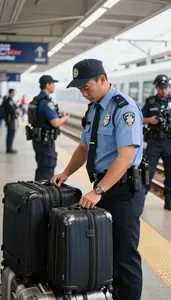 Immigration Officer Searching Luggage At A At A Transit Rail Station Platform