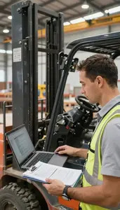 Import Export Specialist Operating A Forklift In A Construction Site Crane