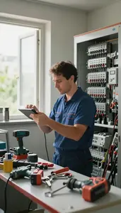 Janitor Maintaining Building Systems In In A Building Mechanical Room At