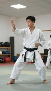 Karate Instructor Teaching Karate Forms In In A Karate Training Dojo In