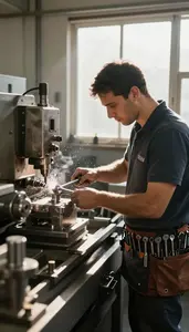 Lathe Operator Cutting Metal Parts On In A Metal Fabrication Shop In