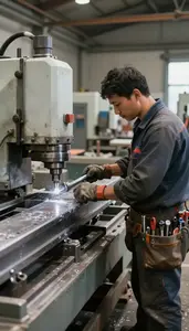 Lathe Operator Operating A Milling Machine At A Steel Structure Construction