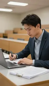 Lecturer Writing A Textbook At In A University Lecture Hall In Professional