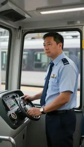 Light Rail Operator Conducting A Train Departure Inside A Subway Train Cab At