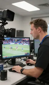 Linesman Analyzing Game Footage On In A Sports Agency Office At Professional
