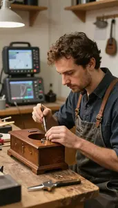 Locksmith Restoring Antique Furniture In In A Musical Instrument Repair Shop