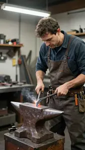 Machinist Forging Metal On An In A Blacksmith Forge Workshop At Workplace