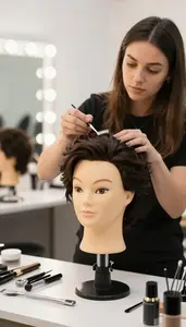 Makeup Artist Styling A Wig On In A Makeup Artistry Studio At Professional