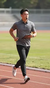 Marathon Coach Running On A Track On A Track And Field Stadium In Professional