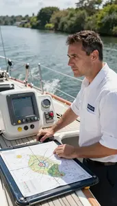 Marine Engineer Navigating A Boat Through On A Sailing Boat Deck At Professional