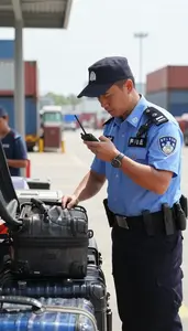 Marine Police Officer Searching Luggage At A At A Port Cargo Inspection Area