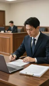 Maritime Lawyer Drafting A Legal Contract In A Courtroom Gallery During A Trial