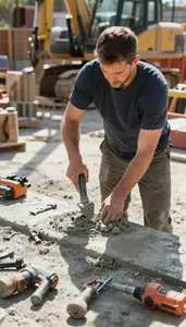 Mason Mixing Concrete On A In A Concrete Pouring Site In Daily Work