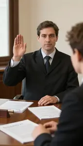 Mediator Administering An Oath As In An Arbitration Hearing Room At Professional