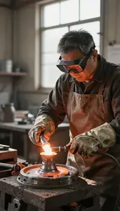 Metal Sculptor Casting Molten Metal In In A Glass Blowing Foundry At Workplace