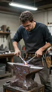 Metal Sculptor Forging Metal On An In A Metal Sculpture Foundry In Professional