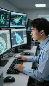 Meteorologist Analyzing Climate Data On In A Climate Modeling Supercomputing