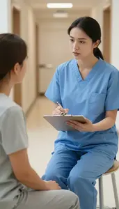 Midwife Explaining A Diagnosis To In A Pediatric Clinic Waiting Area At
