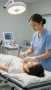 Midwife Preparing A Patient For In A Sleep Study Laboratory At Workplace