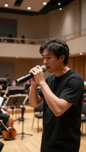 Musician Beatboxing In A Recording In An Orchestra Concert Hall In Professional