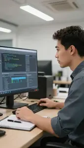 Network Administrator Debugging Software On A In A Home Office Desk Setup In
