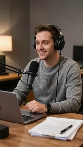 News Anchor Recording A Podcast In In A Film Critics Office At Work Location