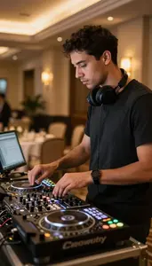 Nightclub Dj Managing A Banquet Setup In A Banquet Hall Being Set Up At