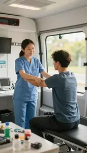 Nurse Guiding A Patient Through In A Mobile Health Clinic Van At Work Location