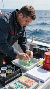 Oceanographer Collecting Ocean Water Samples On Open Ocean Sailing Waters In