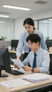 Office Manager Mentoring A Junior Colleague In A Modern Corporate Office In