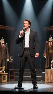Opera Director Performing Stand Up Comedy On A Theater Stage Under Spotlights